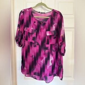 Ellen Tracy Purple, Pink and Black Abstract Sheer Blouse